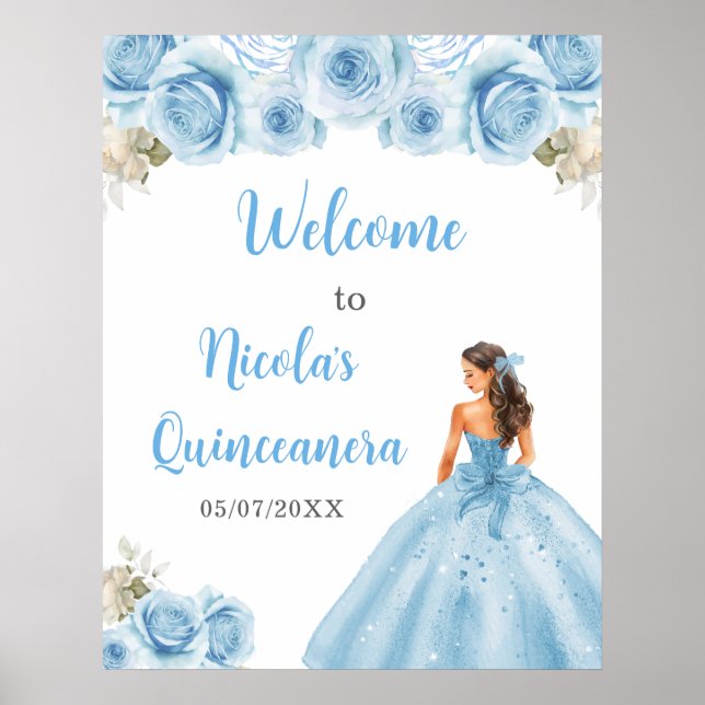 Blommigt Princess i Blue Dress Quinceanera Välkomm Poster (Framsidan)