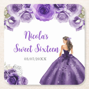 Blommigt Princess i Lila Dress Sweet sixteen Underlägg Papper Kvadrat
