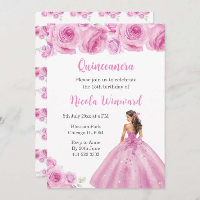 Blommigt Princess i Ljus rosa Quinceanera Inbjudningar (Fram/baksida)