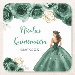Blommigt Princess i Mörk grönt Quinceanera Underlägg Papper Kvadrat