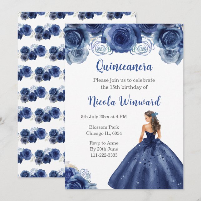 Blommigt Princess i Navy Blue Dress Quinceanera Inbjudningar (Fram/baksida)