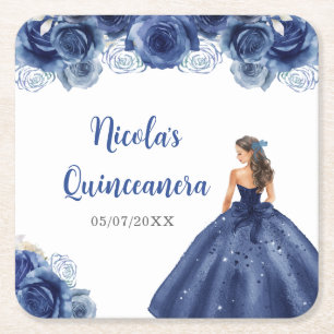 Blommigt Princess i Navy Blue Dress Quinceanera Underlägg Papper Kvadrat