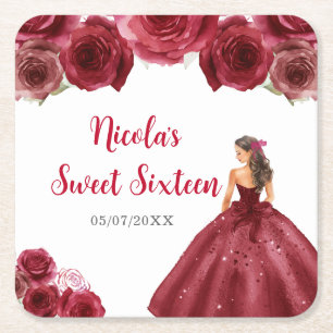 Blommigt Princess i Red Dress Sweet sixteen Underlägg Papper Kvadrat