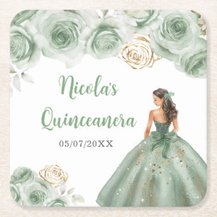 Blommigt Princess i Sage Grönt Dress Quinceanera Underlägg Papper Kvadrat
