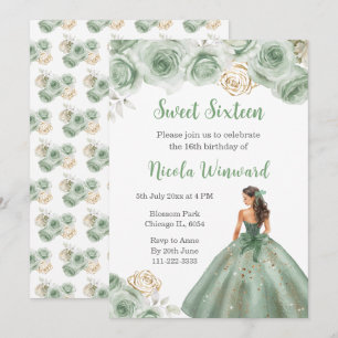 Blommigt Princess i Sage Grönt Dress Sweet sixteen Inbjudningar