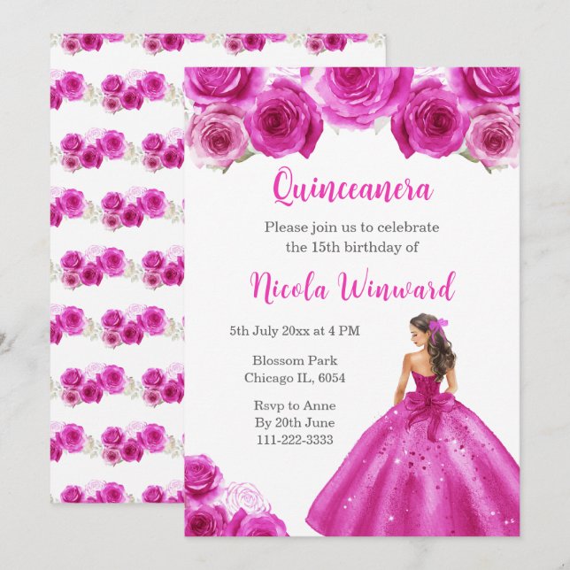 Blommigt Princess i Shock rosa Dress Quinceanera Inbjudningar (Fram/baksida)