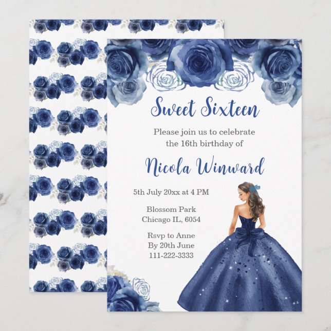 Blommigt Princess i Sweet sixteen Navy Blue Dress Inbjudningar (Fram/baksida)