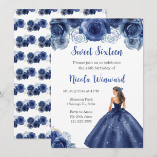 Blommigt Princess i Sweet sixteen Navy Blue Dress Inbjudningar