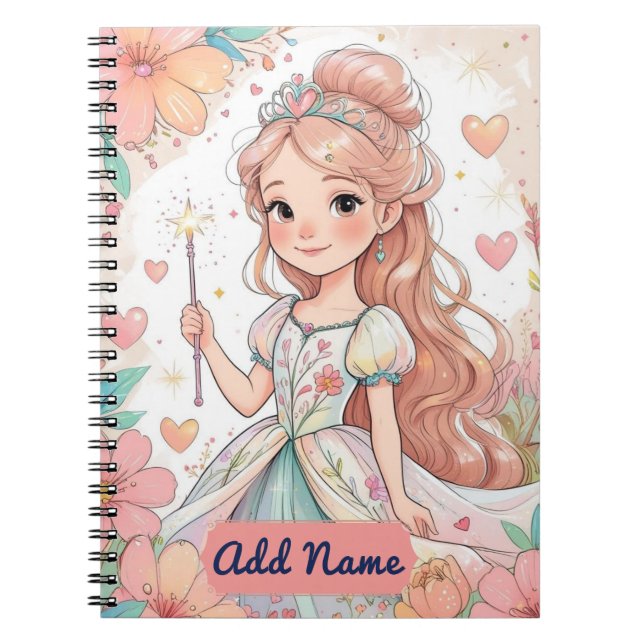Blommigt Princess Notebook - Editable Namn Anteckningsbok (Framsidan)