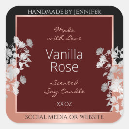 Blommigt produktetiketter Burgundy Black och Ro Gu Fyrkantigt Klistermärke