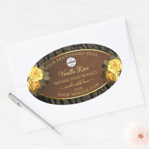 Blommigt Produktetiketter Logotypen Wood Grain Trä Ovalt Klistermärke