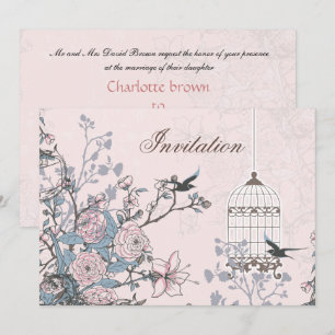 blommigt pulver rosa fågelburk love birds bröllop inbjudningar