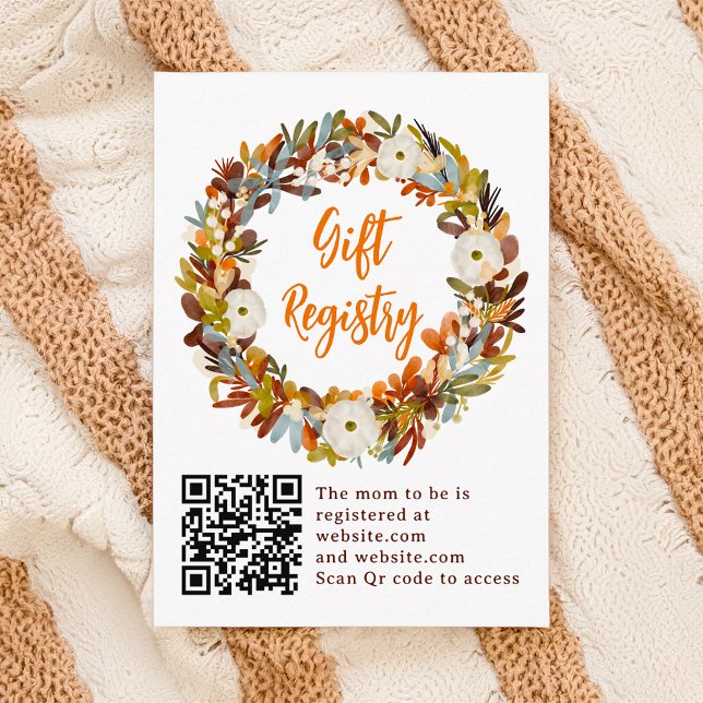 Blommigt Pumpa-registernyckeldusch Tilläggskort (Floral wreath pumpkin registry baby shower enclosure card)