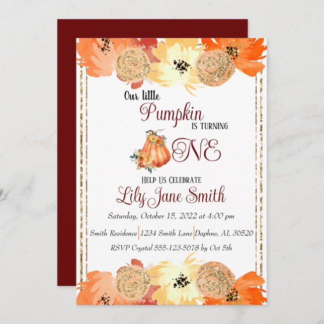 Blommigt Pumpkin 1:a födelsedagsinbjudan Inbjudningar (Fram/baksida)