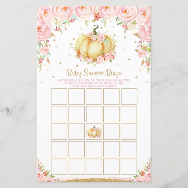 Blommigt Pumpkin Baby Shower Bingo Game Activity (Framsida)