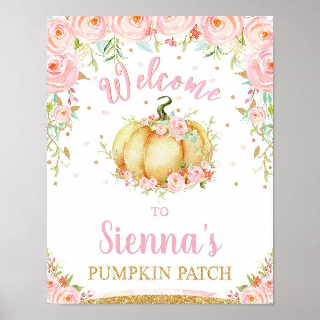  Blommigt Pumpkin Birthday Pumpkin Patch-tecken Poster (Framsidan)