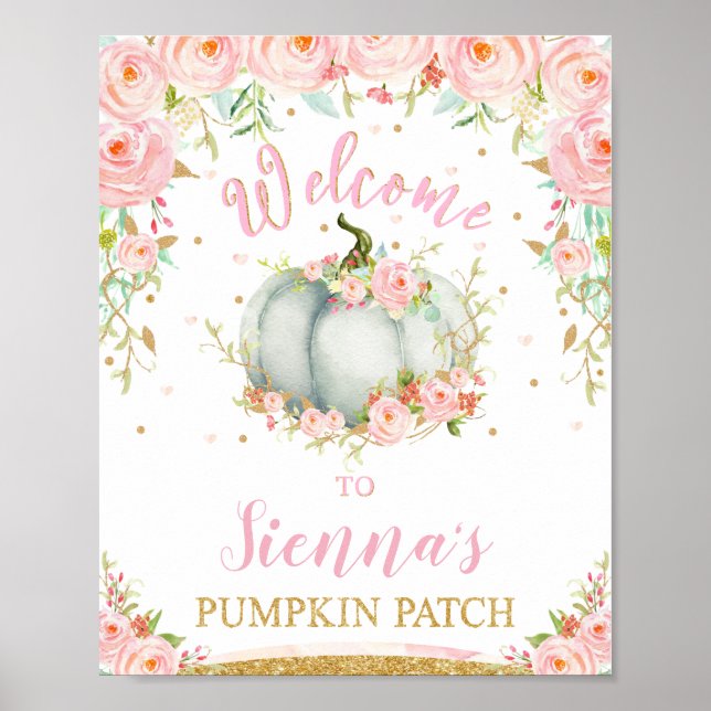  Blommigt Pumpkin Birthday Pumpkin Patch-tecken Poster (Framsidan)