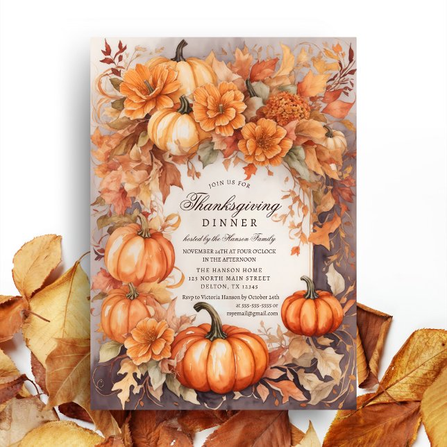 Blommigt Pumpkin Harvest Watercolor Thanksgiving Inbjudningar (Skapare uppladdad)