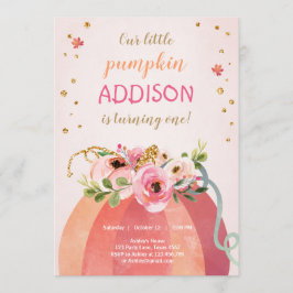 Blommigt Pumpkin Hösten Fall Guld Rosa Birthday Gi Inbjudningar