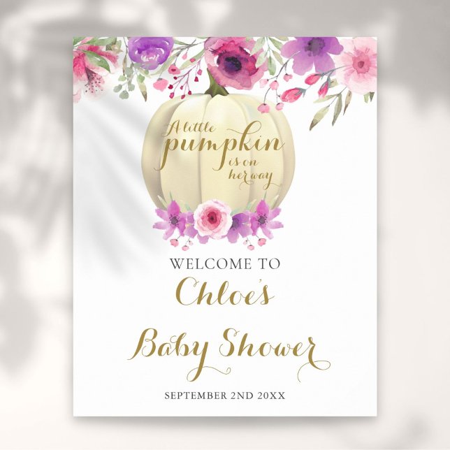 Blommigt Pumpkin Rosa Girl Baby Shower Välkomstsky Poster (Floral Pumpkin Pink Girl Baby Shower Welcome Sign)