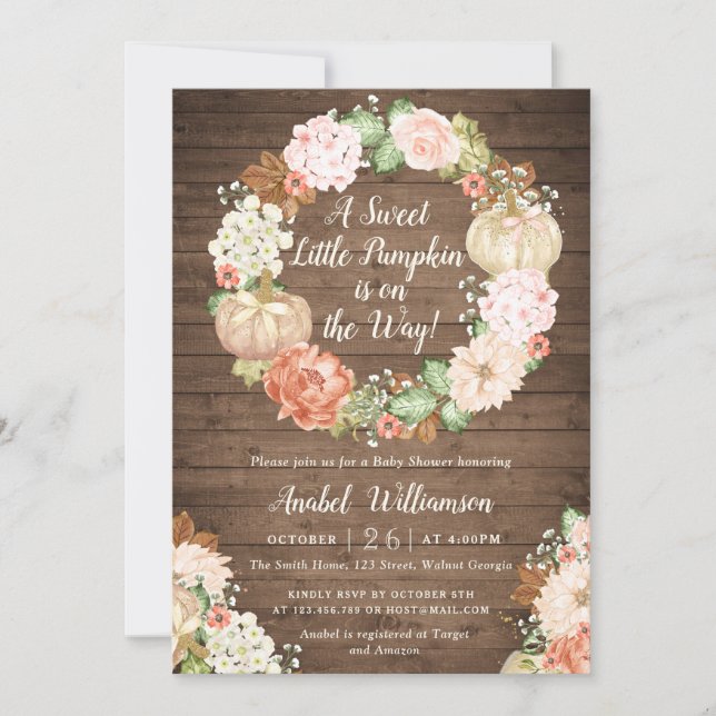 Blommigt Pumpkin Rustic Wood WANDER Baby Shower Inbjudningar (Framsida)
