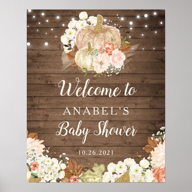 Blommigt Pumpkin Rustic Wood Welcome Baby Shower Poster (Framsidan)