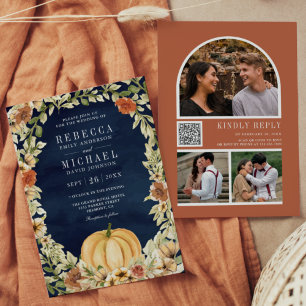 Blommigt Pumpkin Terracotta QR Code Navy Bröllop Inbjudningar
