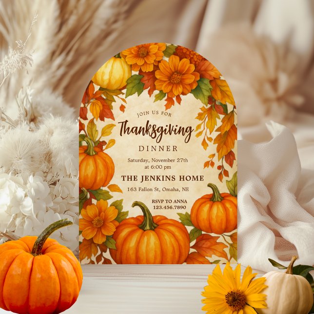 Blommigt Pumpkins Watercolor Thanksgiving Dinner Inbjudningar (Skapare uppladdad)