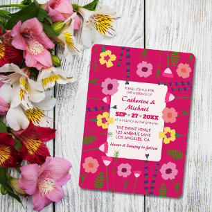 Blommigt QR-kod Bröllop för Rosa med ljust och fet Inbjudningar