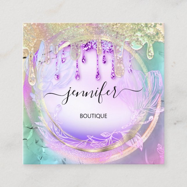 Blommigt QRCode Acrilic Nagel Drips Holograph Fyrkantigt Visitkort (Framsida)