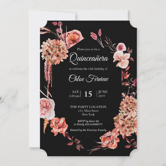 Blommigt Quinceañera Black-inbjudan Inbjudningar (Framsida)