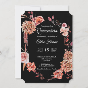 Blommigt Quinceañera Black-inbjudan Inbjudningar