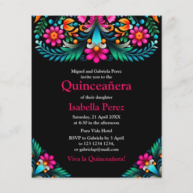 Blommigt Quinceanera Black Mexican Fiesta Birthday Flygblad (Framsidan)
