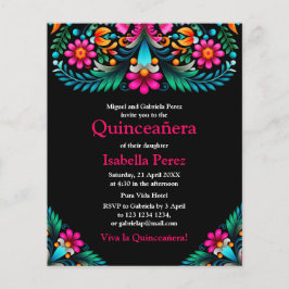 Blommigt Quinceanera Black Mexican Fiesta Birthday Flygblad