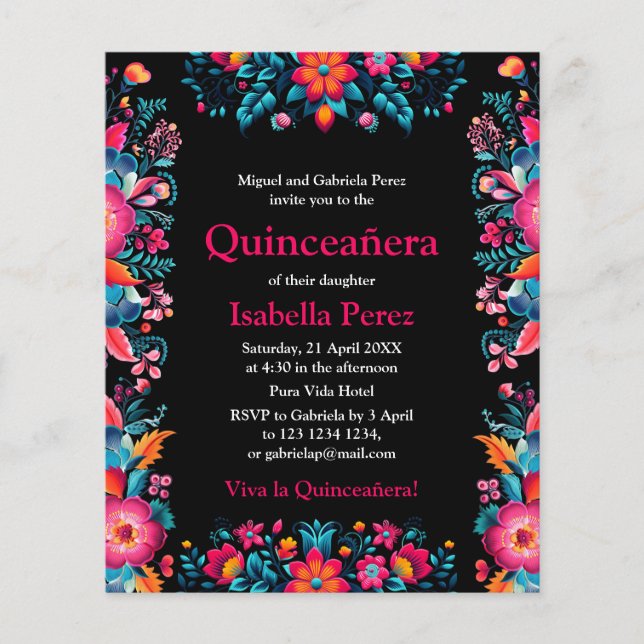 Blommigt Quinceanera Black Mexican Fiesta Birthday Flygblad (Framsidan)