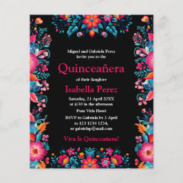 Blommigt Quinceanera Black Mexican Fiesta Birthday Flygblad