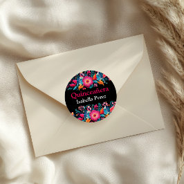 Blommigt Quinceanera Black Mexican Fiesta Runt Klistermärke