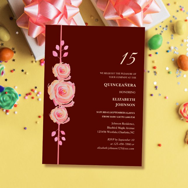 blommigt quinceañera för burgundy och ro guld eleg inbjudningar (Skapare uppladdad)