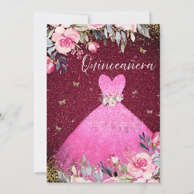 Blommigt Quinceanera för  Rosa Gown Dress Inbjudningar (Framsida)