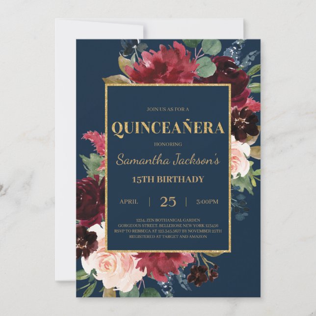  blommigt quinceanera i marinblå burgundi inbjudningar (Framsida)