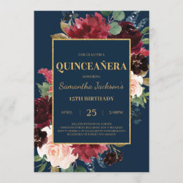blommigt quinceanera i marinblå burgundi inbjudningar