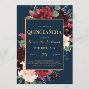  blommigt quinceanera i marinblå burgundi inbjudningar