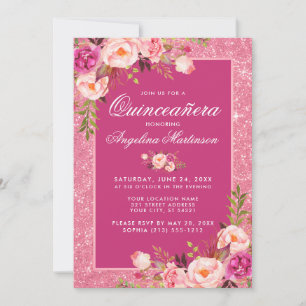Blommigt Quinceanera-inbjudan till Shock rosa Glit Inbjudningar