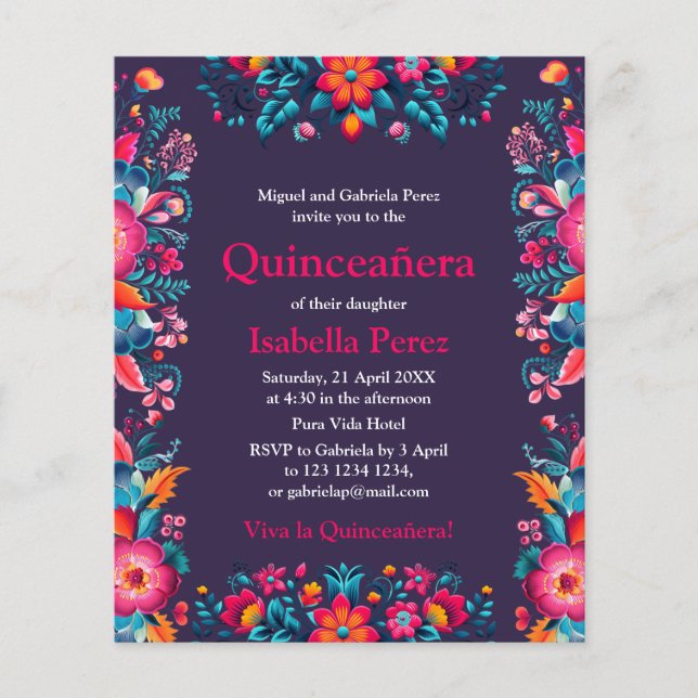 Blommigt Quinceanera Lila Mexikansk fiesta Birthda Flygblad (Framsidan)
