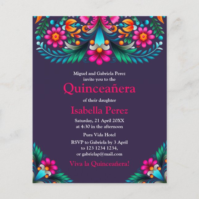 Blommigt Quinceanera Lila Mexikansk fiesta Birthda Flygblad (Framsidan)