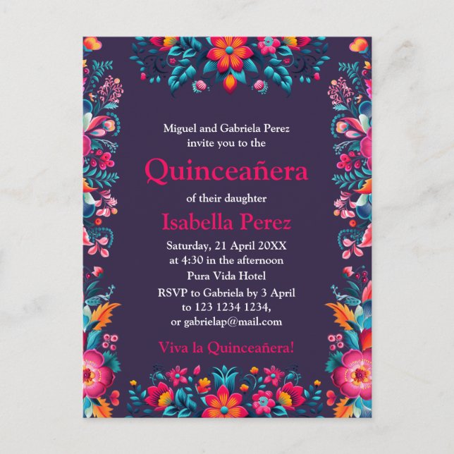 Blommigt Quinceanera Lila Mexikansk fiesta Birthda Vykort (Framsida)