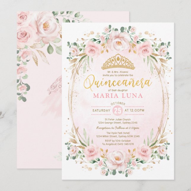  Blommigt Quinceañera Mis Quince 15:e födelsedagen Inbjudningar (Fram/baksida)