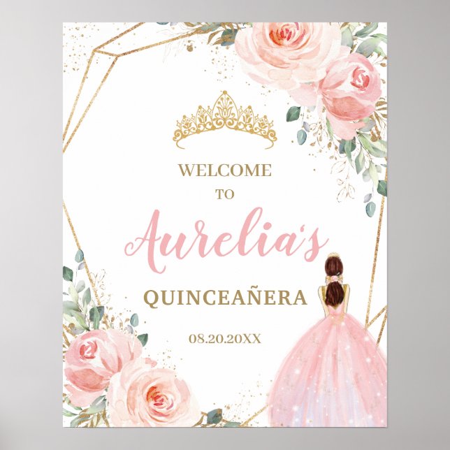  Blommigt Quinceañera Mis Quince Välkommen Poster (Framsidan)