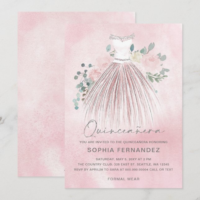 Blommigt Quinceañera  Silver glitter Inbjudningar (Fram/baksida)