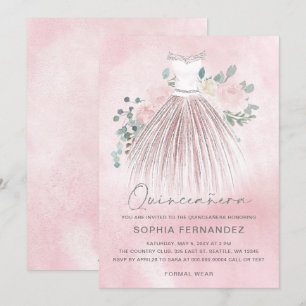 Blommigt Quinceañera Silver glitter Inbjudningar